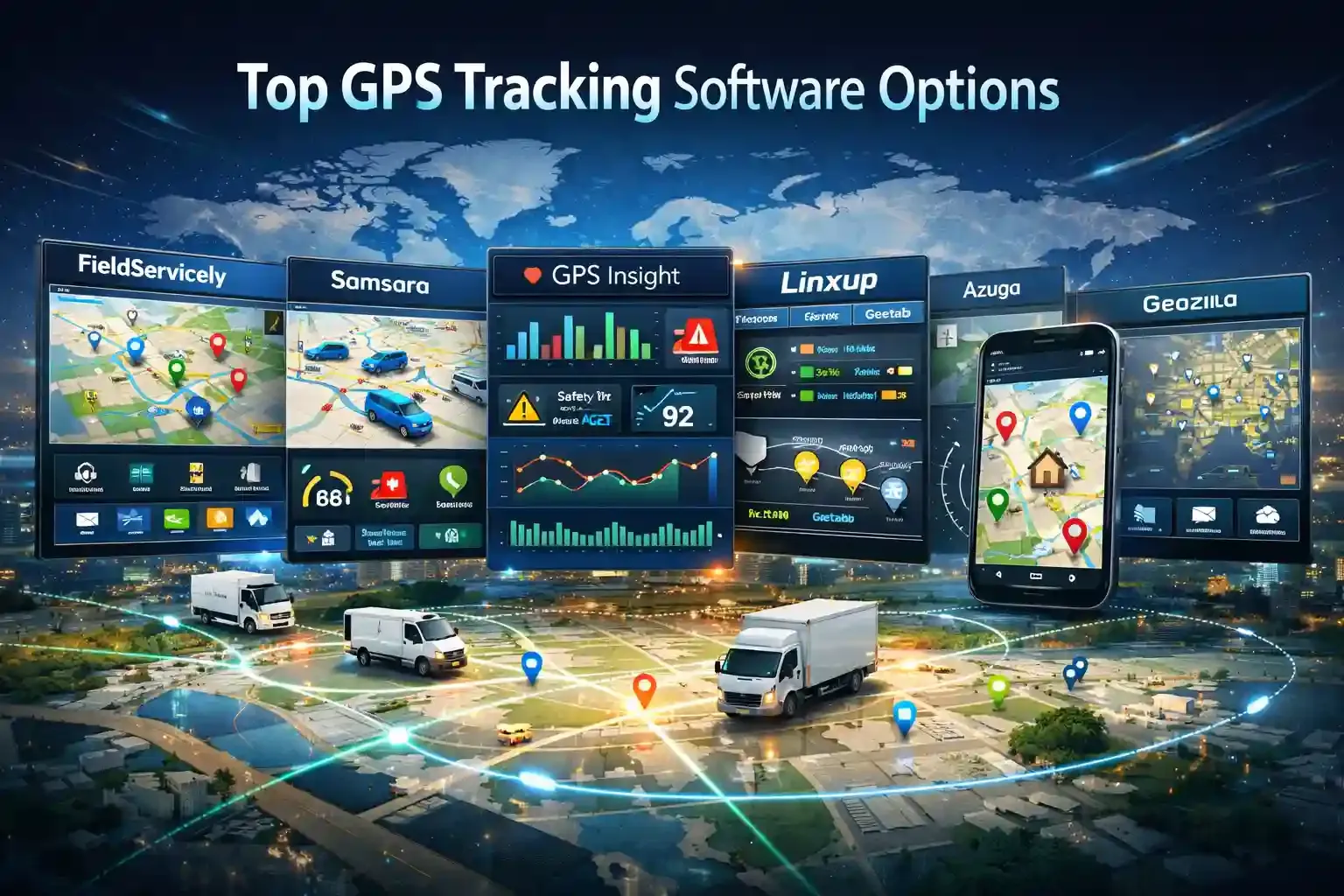 GPS tracking dashboards showing fleet vehicles, routes, and family location apps